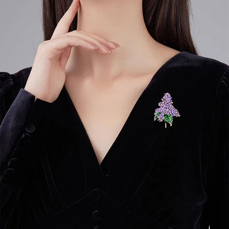 Ajojewel Purple Lilac Flower Brooch For Woman Beautiful Enamel Plant Jewelry Suit Pin Wholesale