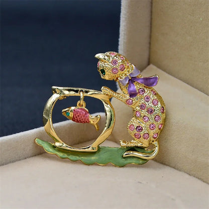 Rhinestone Bowknot Cat Brooch Cute Kitten Looking Fish Pins New Year Jewelry