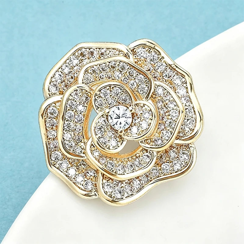 Wuli&baby Elegant Shining Rose-flower Brooches For Women Lady 2-color Rhinestone Flower Summer Collar Brooch Pin Fashion Gifts