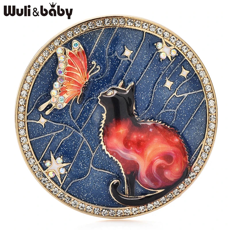 Wuli&baby Lovely Butterfly And Cat Brooches 4-color Alloy Enamel Animal Round Brooch For Women Children's Clothes Pins Badge