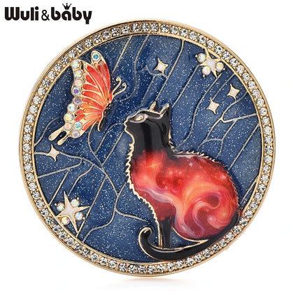 Wuli&baby Lovely Butterfly And Cat Brooches 4-color Alloy Enamel Animal Round Brooch For Women Children's Clothes Pins Badge