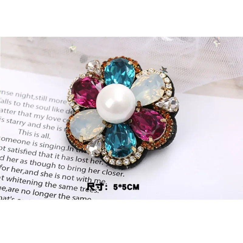 Elegant Geometric Crystal Stone Square Symmetrical Brooch Blue Green Large Rhinestone Cross Flower Pin with Clip for Women
