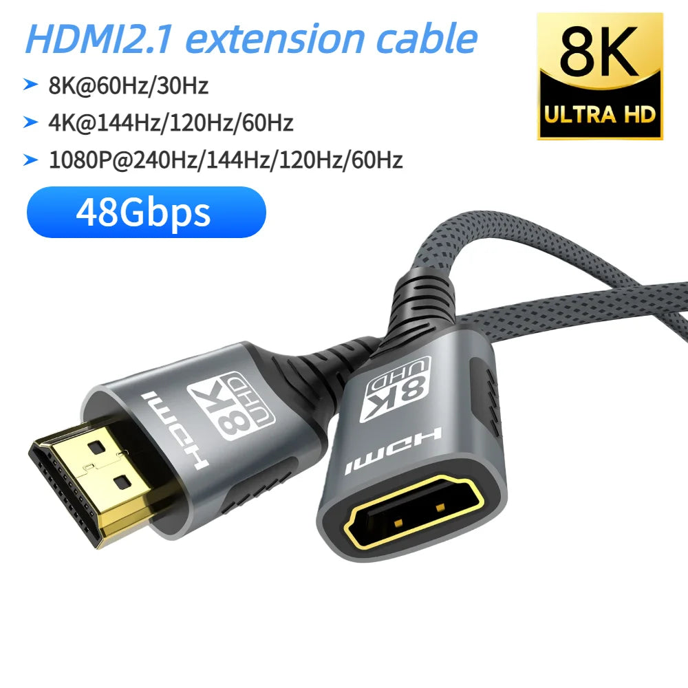 HDMI 2.1 Extension Cable 8K@60Hz HDMI 2.1 Male-Female Bi-Directional 48Gbps 4K@120Hz For HDTV RTX PS5 Xbox HDR Video PC Laptop