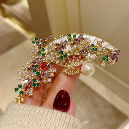 Vintage Chinese Inspired Violet Vine Folding Fan Brooch Pin Elegant Women Qipao Hanfu AccessoriesHoliday Party Couple Gifts