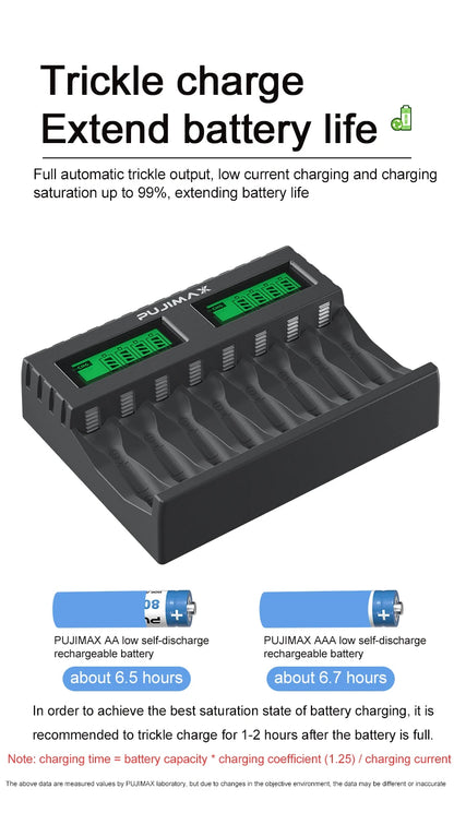 PUJIMAX 8-slot Battery Charger Suitable 1.2V AAA/AA Rechargeable Battery Short Circuit Protection LED Display NiMH/NiCd Charger