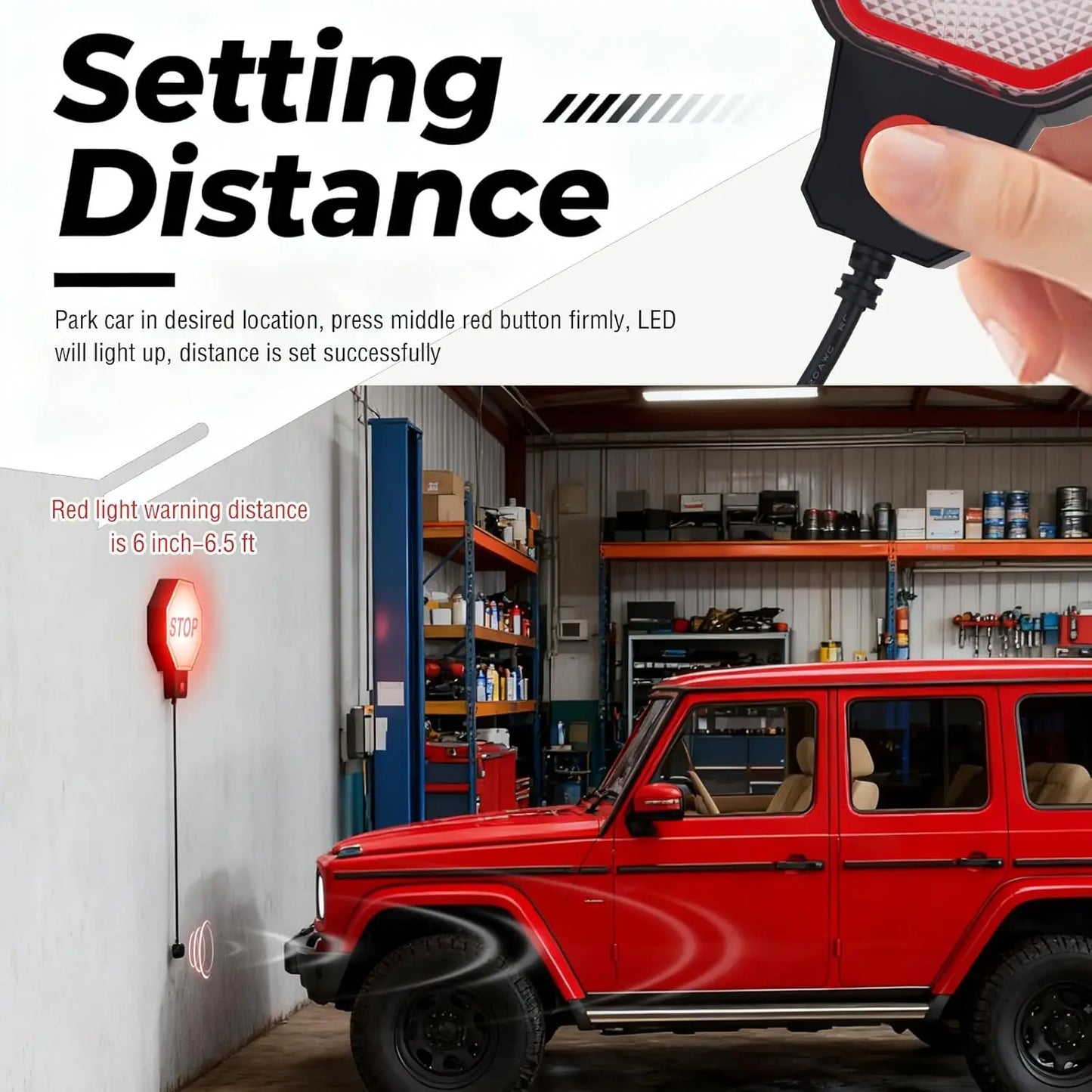 Garage Parking Sensor: Ultra-Precise LED Guidance with Fully Adjustable Stopping Point 6in to 6.5ft - Dual-Power Flexibility