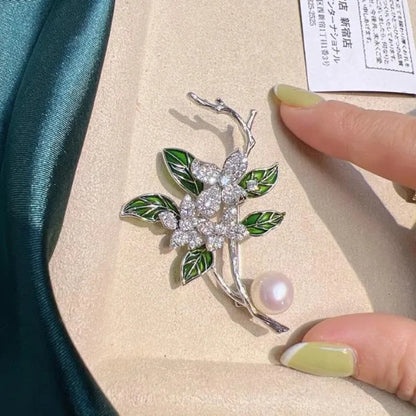 Green Leaf Gardenia Brooch Pearl Crystal Rhinestone Flower Lapel Pin For Women Wedding Party Dress Corsage Fashion Jewelry