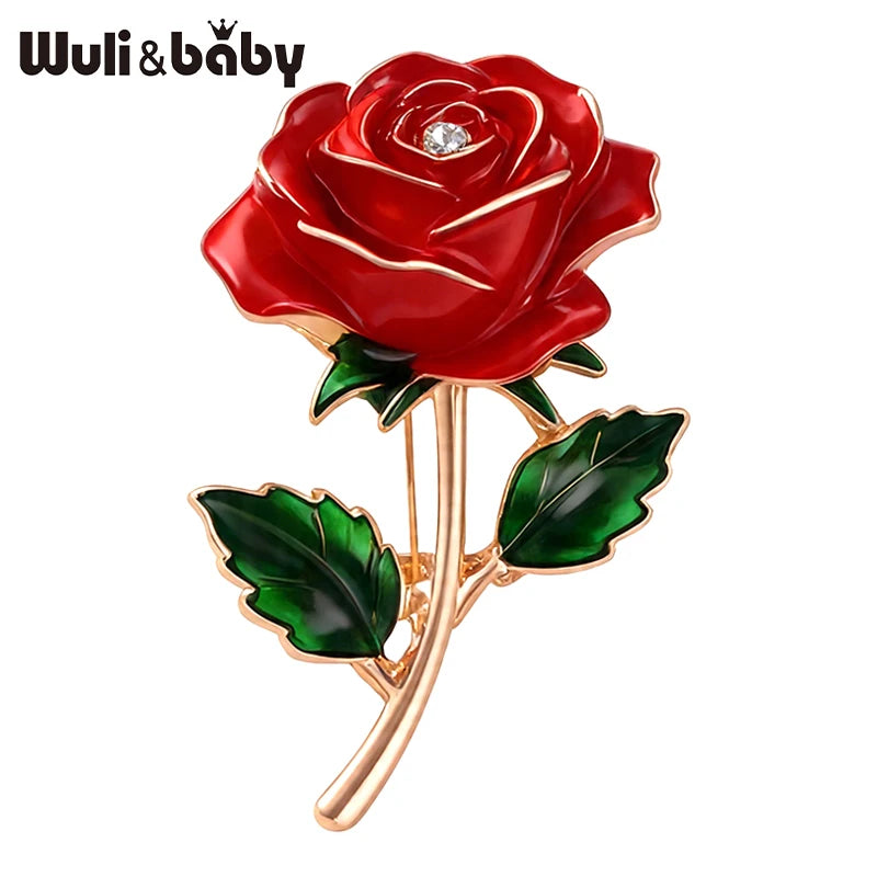 Wuli&baby June Birthday Flower Brooches For Women Lady Red Enamel Rose-flower Party Casual Brooch Pins Fashion Jewelry Gifts