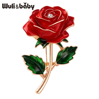 Wuli&baby June Birthday Flower Brooches For Women Lady Red Enamel Rose-flower Party Casual Brooch Pins Fashion Jewelry Gifts