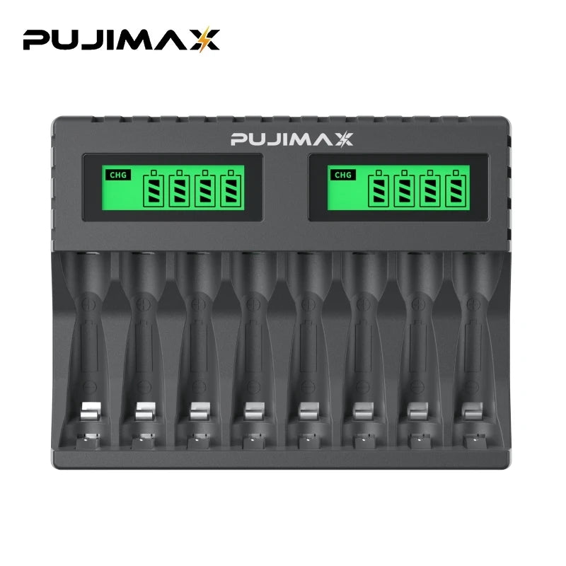 PUJIMAX 8-slot Battery Charger Suitable 1.2V AAA/AA Rechargeable Battery Short Circuit Protection LED Display NiMH/NiCd Charger