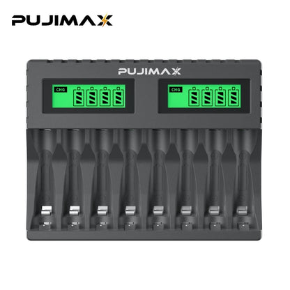 PUJIMAX 8-slot Battery Charger Suitable 1.2V AAA/AA Rechargeable Battery Short Circuit Protection LED Display NiMH/NiCd Charger