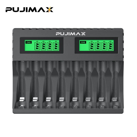 PUJIMAX 8-slot Battery Charger Suitable 1.2V AAA/AA Rechargeable Battery Short Circuit Protection LED Display NiMH/NiCd Charger