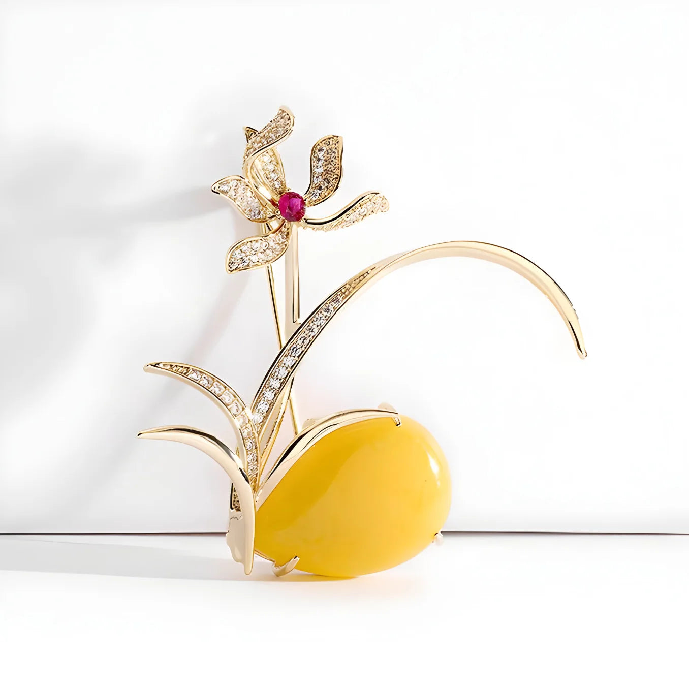 Luxury Orchid Brooch With Yellow Amber And Red Gemstone Elegant Gold Plated Flower Brooch For Women Vintage Jewelry