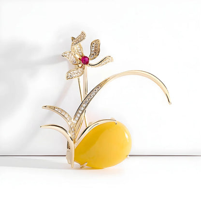 Luxury Orchid Brooch With Yellow Amber And Red Gemstone Elegant Gold Plated Flower Brooch For Women Vintage Jewelry