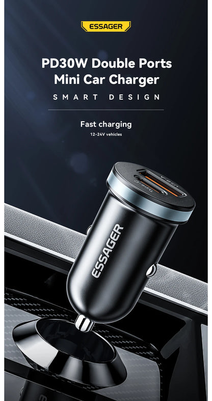 Essager 30W USB C Car Charger Type C Quick Charger PD QC 3.0 SCP 5A Fast Charging Car Phone Charge For iPhone Xiaomi Samsung