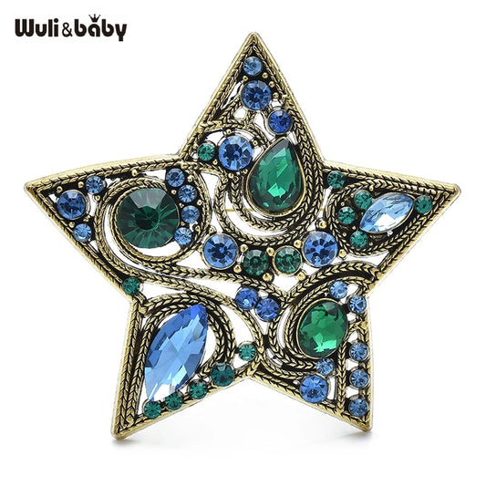 Wuli&baby Vintage Rhinestone Star Brooches For Women Unisex Beautiful Green Star Party Casual Brooch Pins Gifts