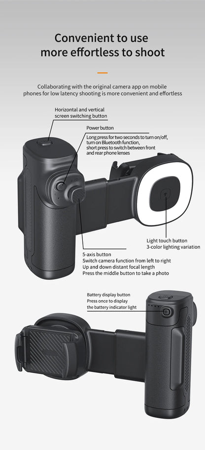 Single-Axis Phone Grip with Bluetooth LED Selfie Light, Adjustable Angle for Smartphone Photography, Video Live Streaming