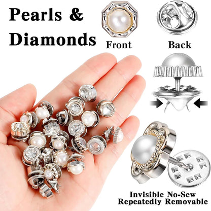 30PCS Pearl Brooch Buttons No Sew Removable Rhinestone Brooch Pins Replacement Safety Button For Clothing Shirt Dress Sweaters