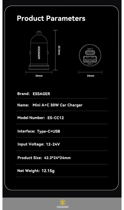 Essager 30W USB C Car Charger Type C Quick Charger PD QC 3.0 SCP 5A Fast Charging Car Phone Charge For iPhone Xiaomi Samsung
