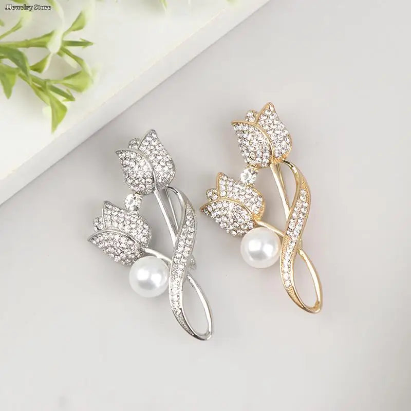 1pc Luxury New Tulip Flower Brooch Elegant Design Sense Rose White Stone Jewelry Collar Pin Jewelry