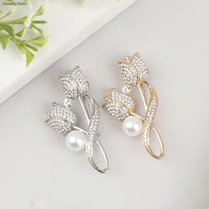 1pc Luxury New Tulip Flower Brooch Elegant Design Sense Rose White Stone Jewelry Collar Pin Jewelry