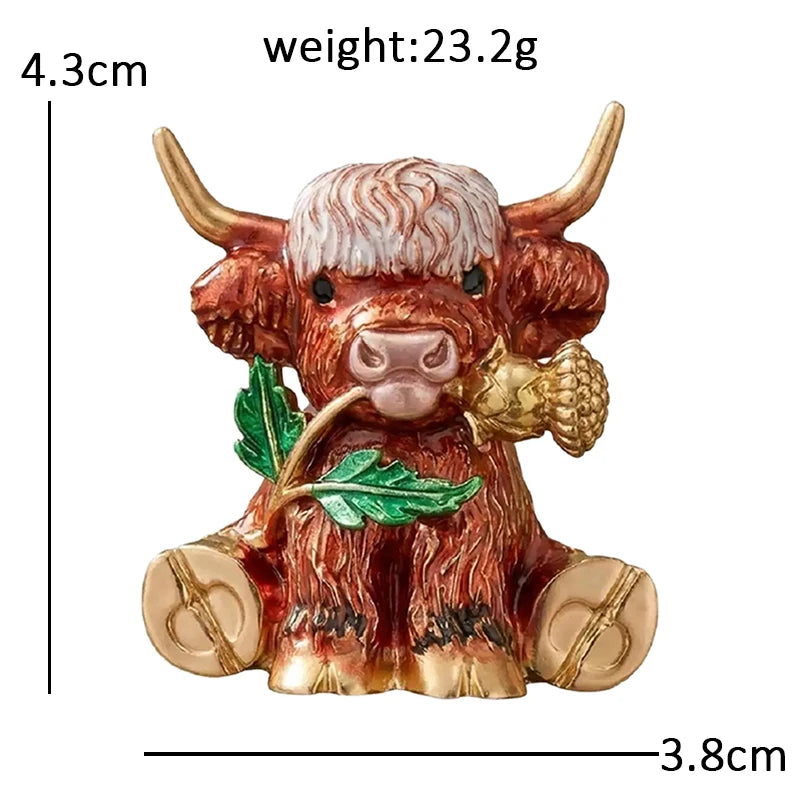 Wuli&baby Thistle Flower Cattle Brooches For Women Unisex Lovely Enamel Highland Cow Animal Party Casual Brooch Pin Gifts