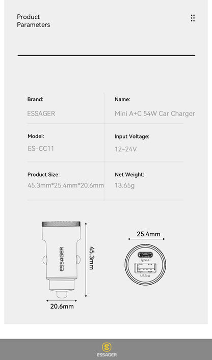 Essager 54W Car Charger 5A Fast Charging Type C Quick Charge 3.0 QC PD 3.0 SCP USB Car Charger For Xiaomi Samsung Iphone Charger