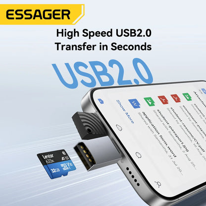 Essager 2-in-1 Mini Type C USB2.0 Card Reader Adapter Micro SD TF Memory Card Reader for iPhone 16 15 Pro Huawei Macbook iPad