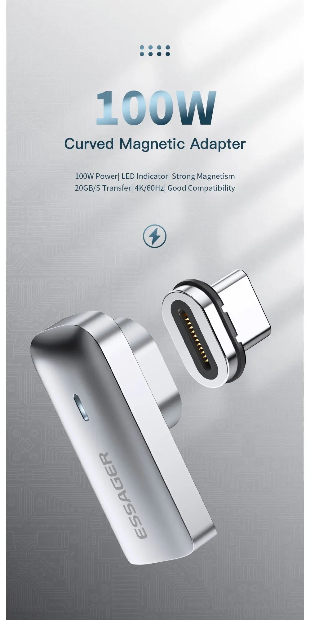 Essager PD 100W Magnetic USB C OTG Adapter Fast Charging Type C Magnet Connector 20Gbp Data Sync 4K@60Hz For Macbook Laptop