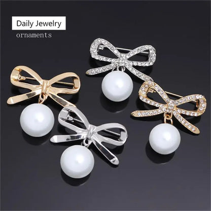 Sparkling Rhinestone Bow Brooch Crystal Pearl Bowknot Brooches For Women Men Wedding Party Office Pins Accessories Jewelry Gifts