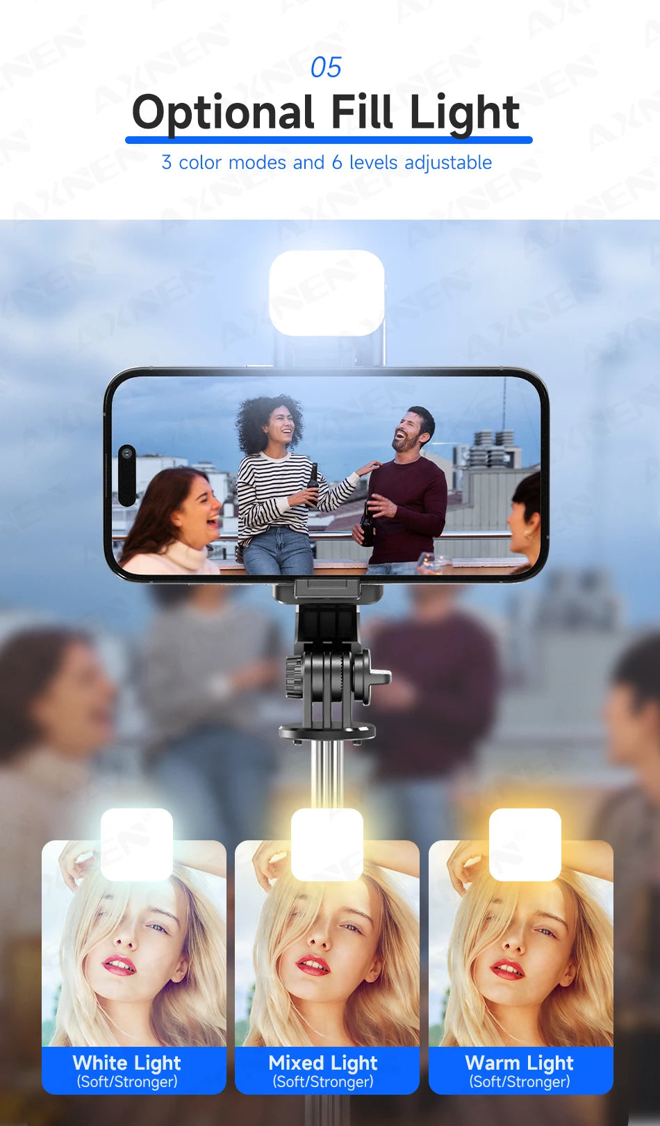 Bluetooth Selfie Stick Tripod Desktop Stand, Phone Holder, Wireless Remote Shutter, for iPhone Android, Option with Fill Light
