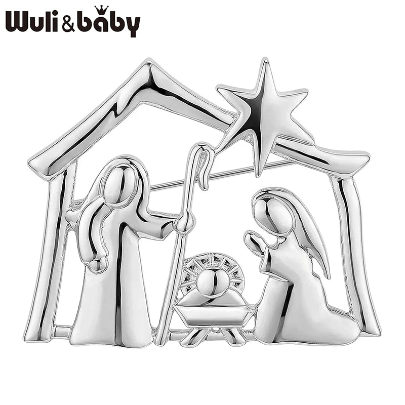 Wuli&baby Metal Nativity Scene Brooches For Women Men 2-color Star House Character Brooch Pins Christmas Gifts