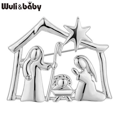 Wuli&baby Metal Nativity Scene Brooches For Women Men 2-color Star House Character Brooch Pins Christmas Gifts
