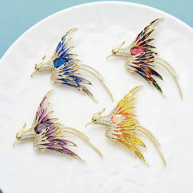Luxury Crystal Phoenix Bird Brooches For Women Men Unisex Colorful Yellow Enamel Pins Chinese Birds Party Office Jewelry Gifts