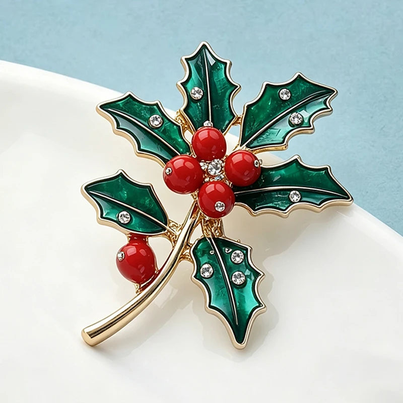 Wuli&baby December Birthday Flower Brooches Enamel Holly Winter Plants Party Casual Brooch Pins Gifts