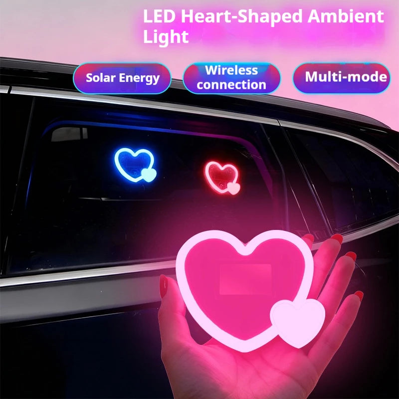 Solar Powered Car Neon Light Wireless Cute Heart Shaped Led Ambient Light Suction Cup USB Rechargeable Atmosphere Breathing Lamp