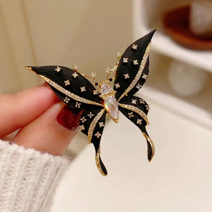 Vintage Rhinestone Black Butterfly Brooches Inlaid Cubic Zirconia Insect Metal Enamel Pins for Women Clothing Accessories