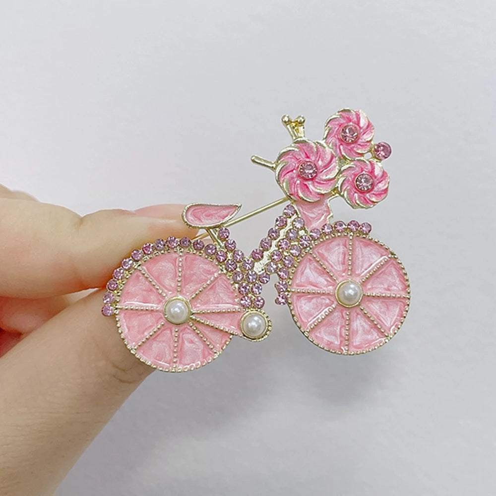 Cartoon Cute Pink Flower Bicycle Brooches For Women Girls Temperament Exquisite Fashion Pins Clothing Accessories Gifts