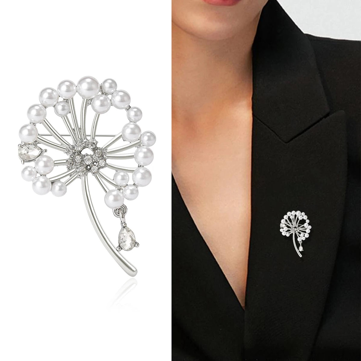 Beaut&Berry Classic Rhinestone Dandelion Brooches for Women Pearl Plant Pins Casual Party Accessories Gifts Friends Decoration