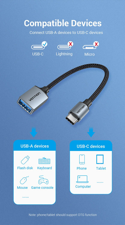 Vention USB C OTG Adapter USB A to Type C Adapter Cable USB3.0 2.0 5Gbps Data Adapter Type-C Converter for MacBook Pro Xiaomi 17