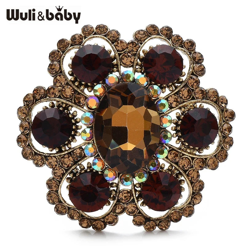Wuli&baby Elegant Round Flower Brooch 3-color Crystal Lovely Flowers Plants Brooches For Women's Clothes Dress Pins Gifts