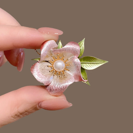 Exquisite Enamel Flower Brooch for Women Unique Pearl Plant Leaf  Lapel Pin Coat Sweater Jewelry  Accessories