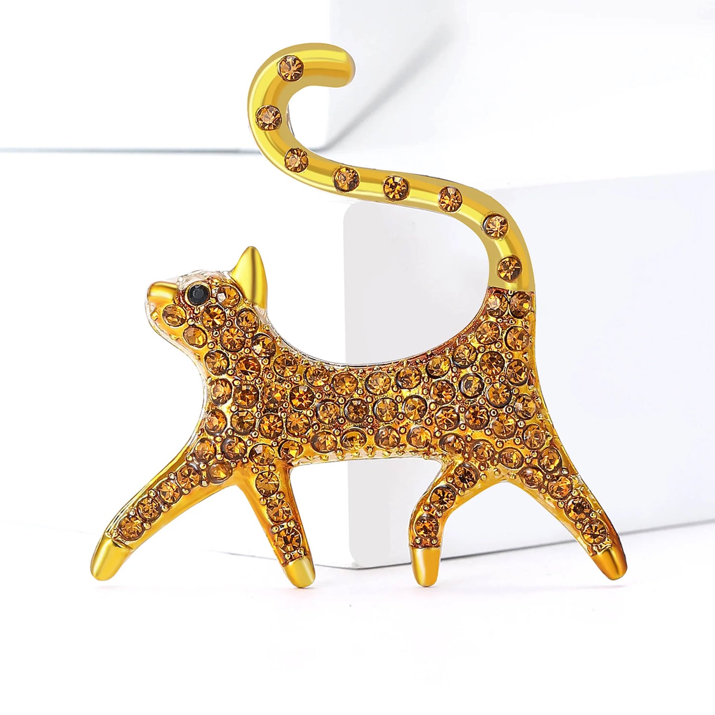 Cute Rhinestone Cartoon Cat with Tail Up Brooch For Women Men Kitten Animal Pets Suit Corsage Pin Jewelry Accessories Gift