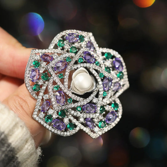 Luxury Cubic Zirconia Camellia Flower Brooch Colorful Rhinestone Lapel Pin Coat Suit Dress Corsage Fashion Jewelry For Women