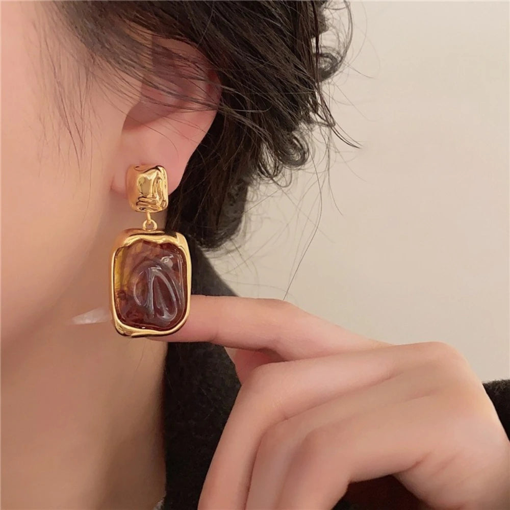 Trendy Geometric Acrylic Drop Earrings Retro Marbled Design Elegant Womens Jewelry