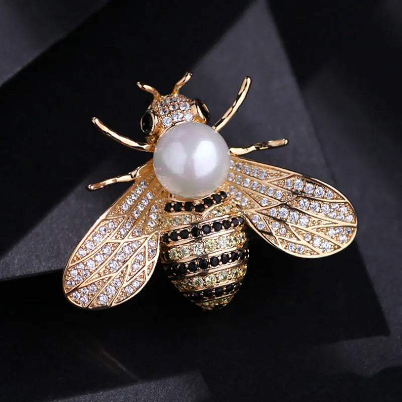 SKEDS Luxury Vintage Women Crystal Cute Enamel Bee Brooches Pins Baroque Pearl Insect Jewelry Brooch For Lady Badges Lapel Pins
