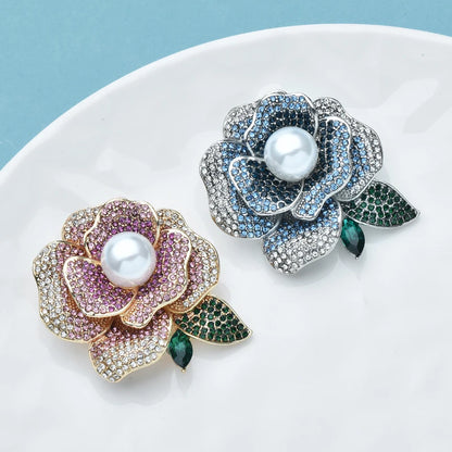 Wuli&baby Beautiful Shining Rose-flower Brooches For Women Lady Pearl 2-color Flowers Party Office Brooch Pins Gifts