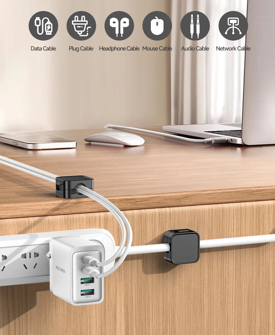 Rocoren Magnetic Cable Organizer Smooth Adjustable Cord Holder Magnet Desktop Cable Management Wire Protector Cable Clips Set