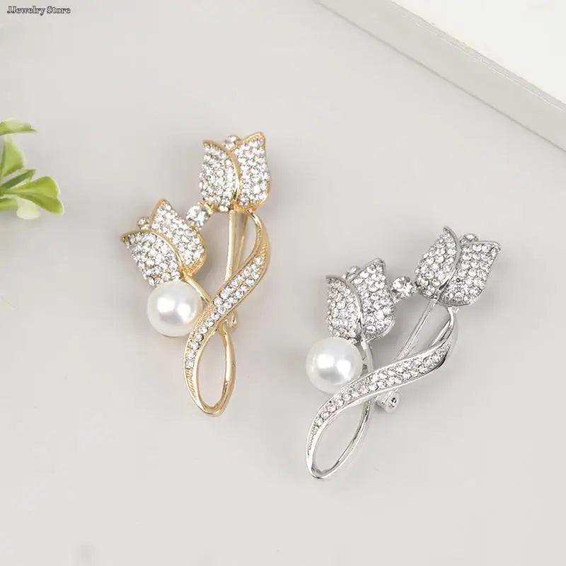 1pc Luxury New Tulip Flower Brooch Elegant Design Sense Rose White Stone Jewelry Collar Pin Jewelry