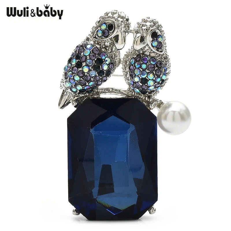 Wuli&baby 2 Birds Singing On Crystal Brooches Pins 2-color Beautiful Rhinestone Animal For Women's Clothes Backpack Badge Gifts